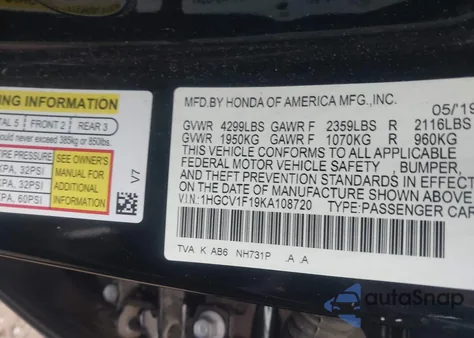 2019 Honda Accord Lx z USA, uszkodzony, nr VIN 1HGCV1F19KA108720